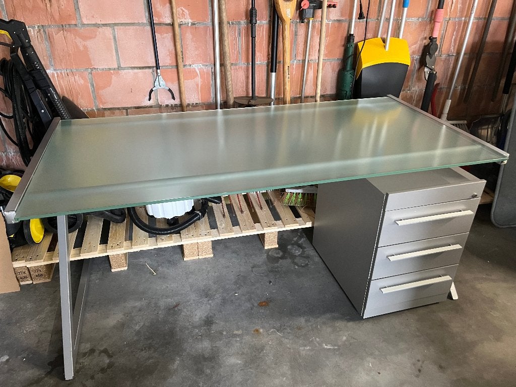 Bureau glas, Avec tiroirs, Comme neuf, Gris, Industriel