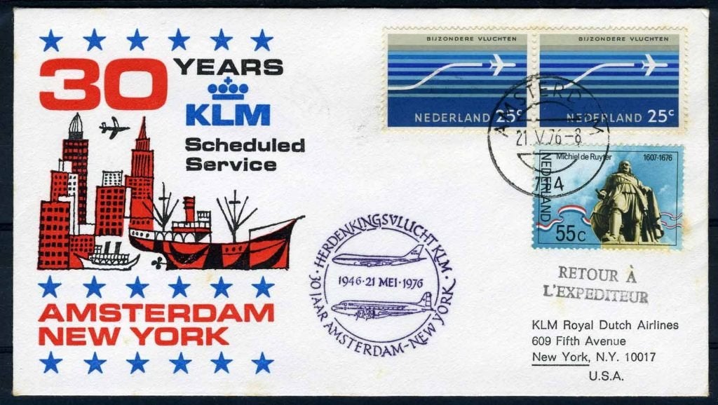 NEDERLAND 30 JAAR KLM AMSTERDAM - NEW YORK 21/05/1976, Verzenden, Na 1940, Gestempeld