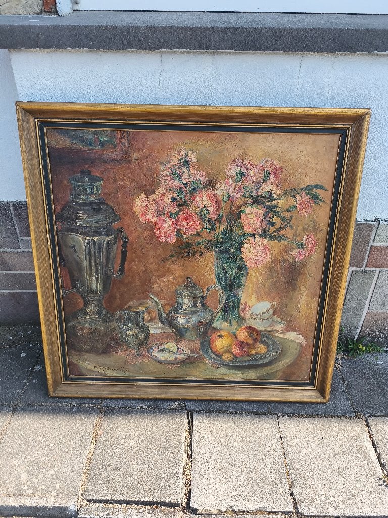 Huile sur toile fleurs signe Gilberte radermaker, Antiquités & Art, Art | Peinture | Classique, Enlèvement, Fleurs, Toile
