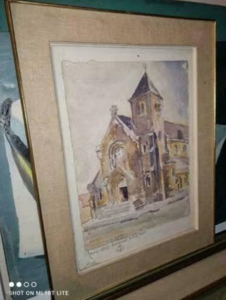 aquarelle eglise signe harry elstrom, Antiek en Kunst, Ophalen of Verzenden, Aquarel