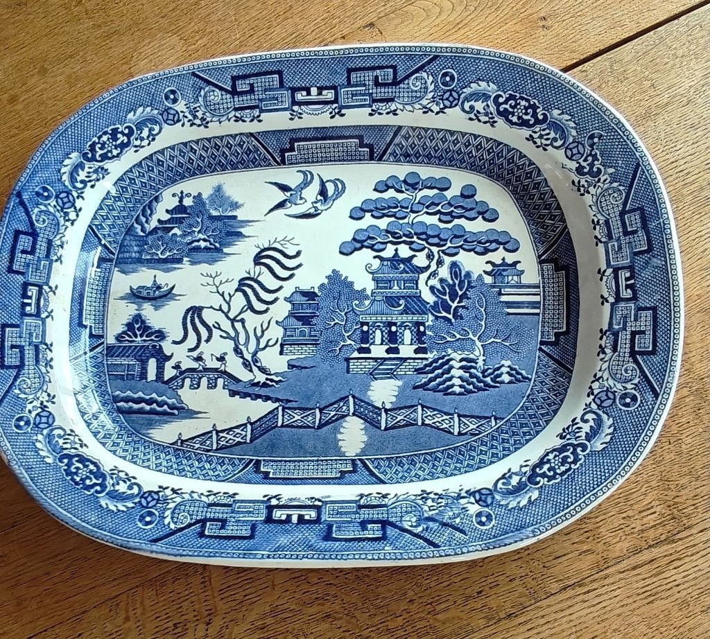 Antieke Engelse ‘Blue WIllow’ ovale serveerschaal, Ophalen