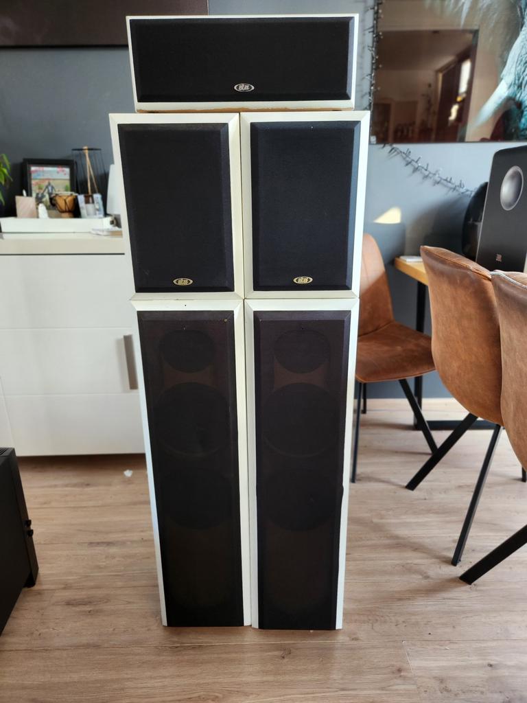 Eltax Symphony 4 met Centerspeaker Set Houten Afwerking, Gebruikt, 60 tot 120 watt, Complete surroundset, Ophalen