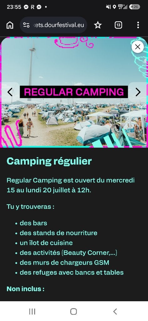 Camping regular 5 jours dour, Une personne, Plusieurs jours