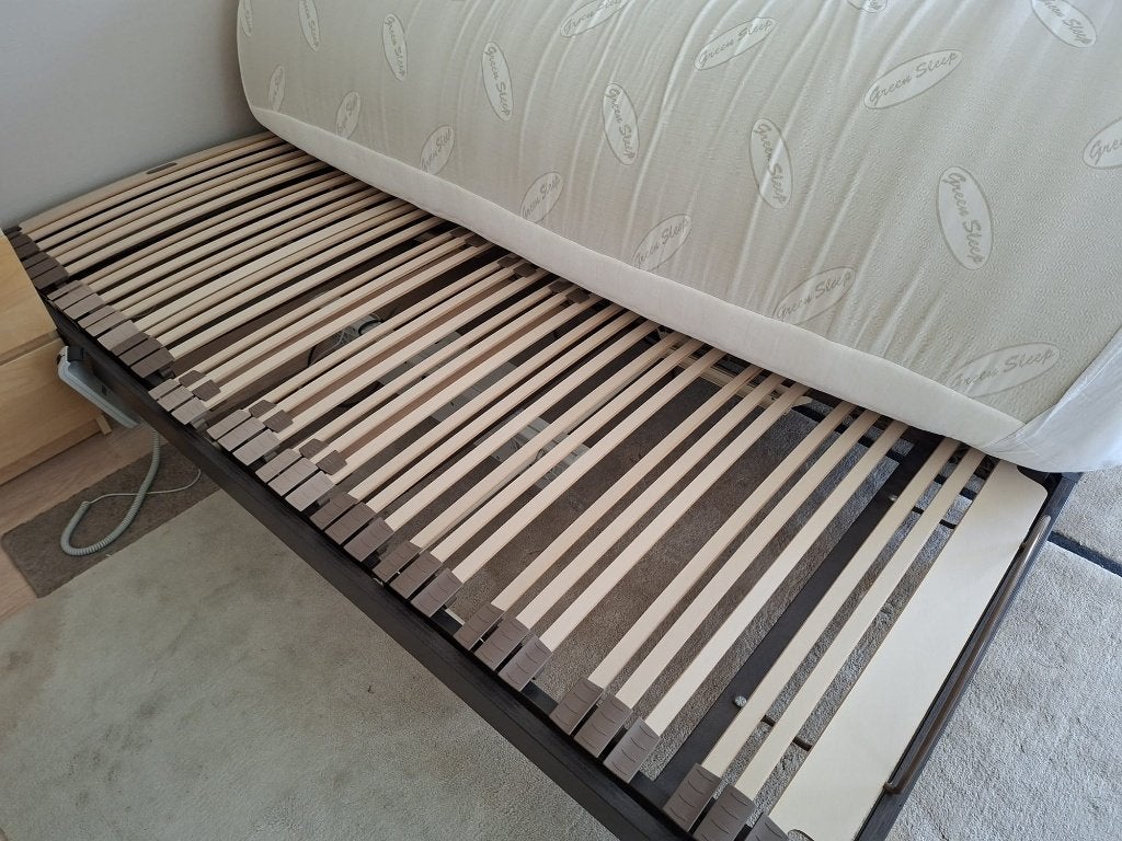 Dubbel bed met elektrische lattenbodem, Ophalen, Bruin, Tweepersoons, 200 cm