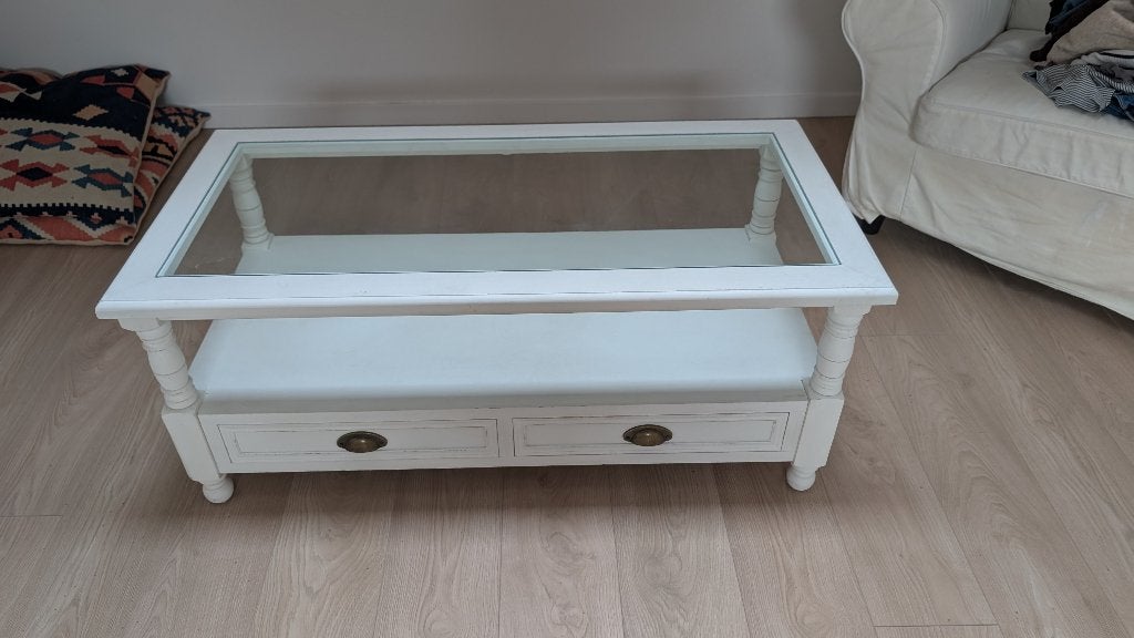 Witte houten salontafel, glazen blad, 4 laden, Ophalen, 50 – 75, 100 tot 150 cm, Bois