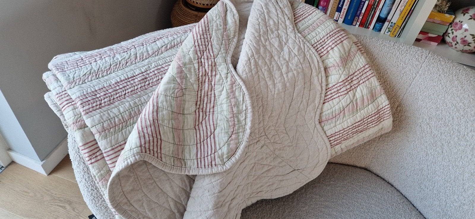 Bouty 2 pers beige katoen, bordeauxrode strepen, Ophalen, Katoen, Beige