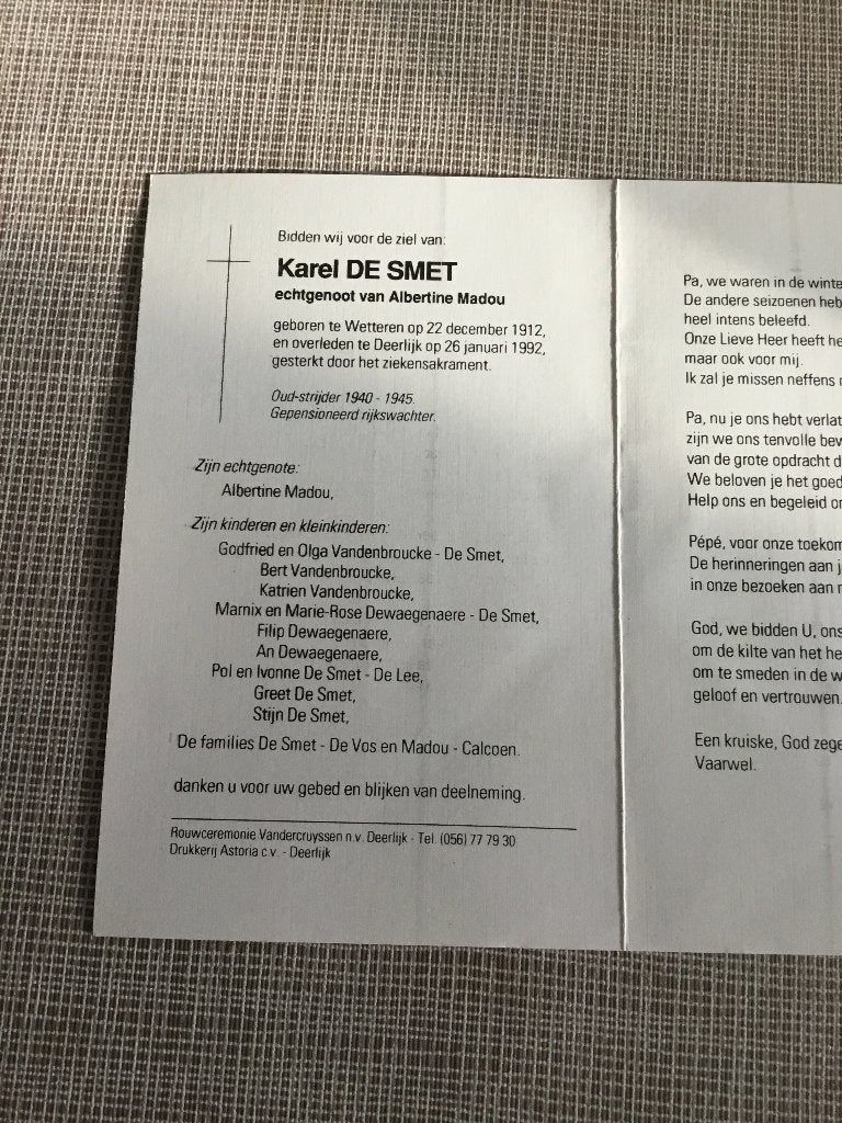 Rijkswachter K.De Smet Wetteren +Deerlijk. A.Madou, Verzamelen, Ophalen of Verzenden, Bidprentje