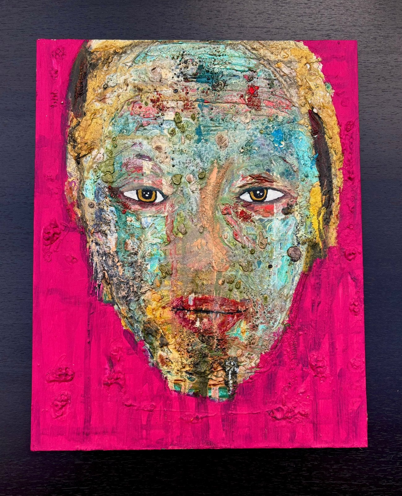 Origineel Mixed-Media Portret op Houten Paneel (2017), Antiek en Kunst, Ophalen of Verzenden, Portret