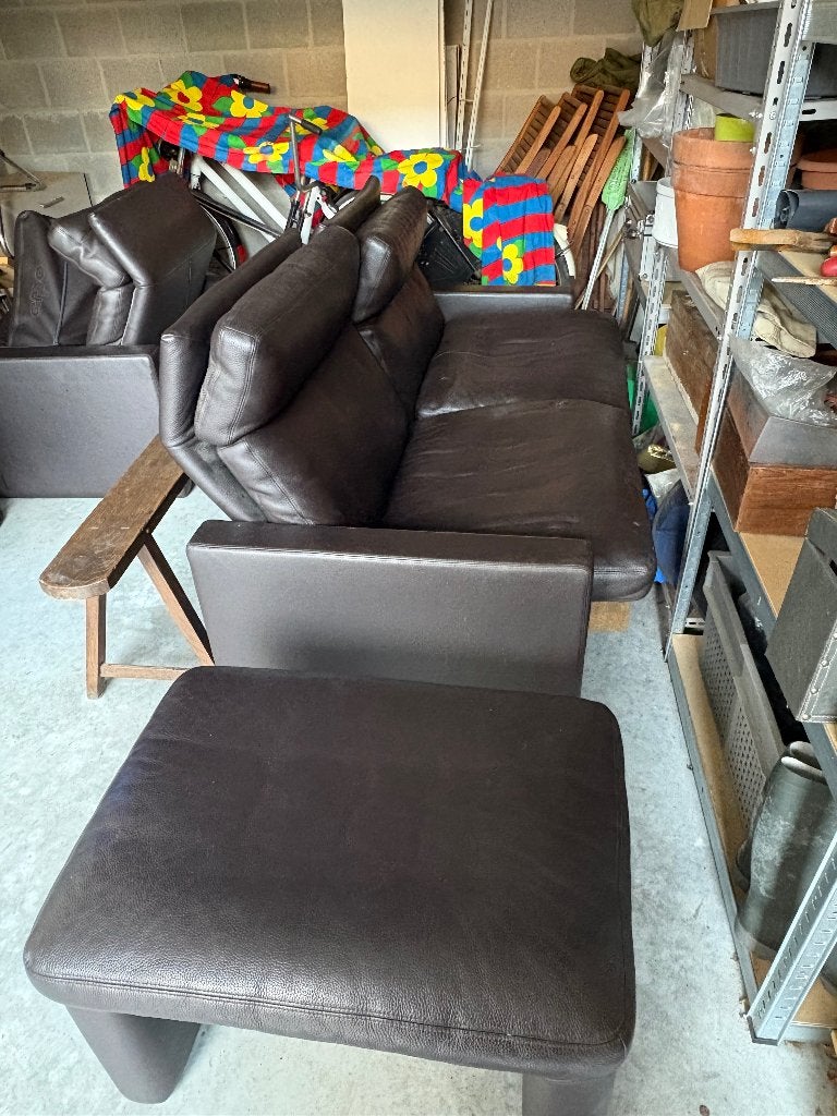 Lederen 2 zit zetel + relaxzetel + poef, Ophalen, Gebruikt, Tweepersoons, Leer