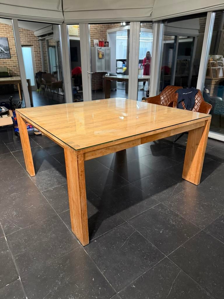 Teak tafel met glazen blad (afneembaar), Huis en Inrichting, Ophalen, Zo goed als nieuw