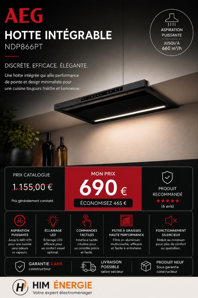 Hotte tiroir AEG 60 cm Noir Mat Garantie 2 ans, Electroménager, Hottes, Neuf, Encastré, 600 à 800 m³/h, Enlèvement