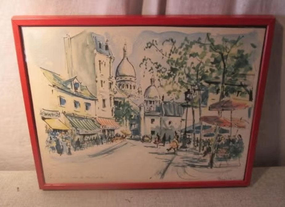 Aquarelle magnifiquement peinte « Vue du Sacré-Cœur » signée, Aquarelle, Paysage urbain / rural, Papier, Peint à la main