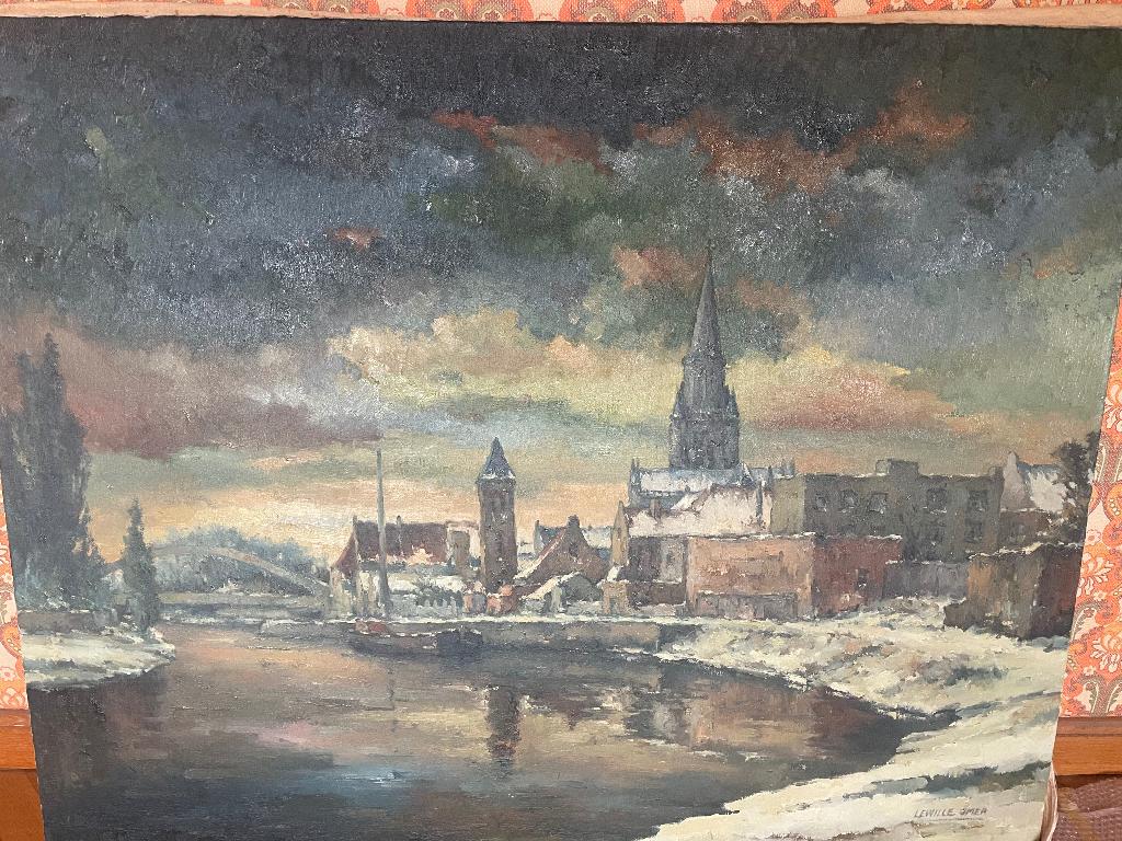 Olieverfschilderij op linnen doek "WERVIK AAN DE LEIE"., Ophalen