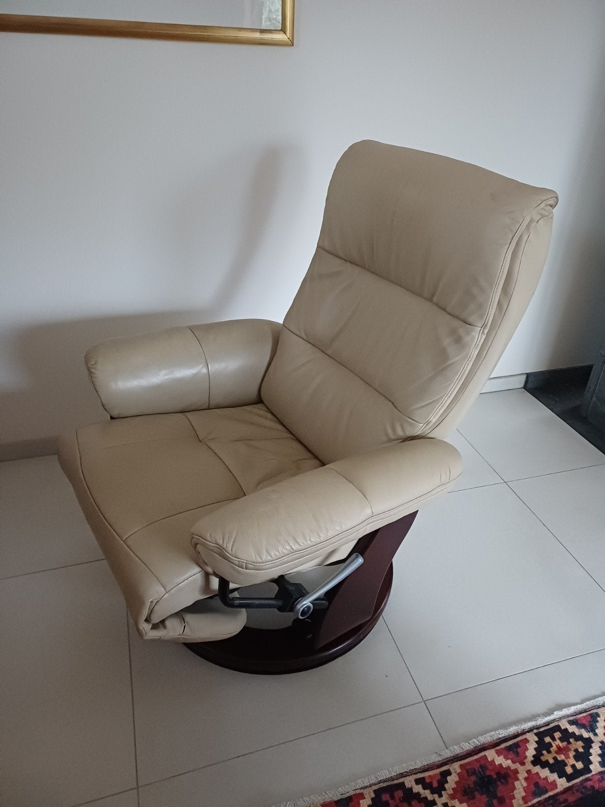 Handmatige beige leren fauteuils Relax, Huis en Inrichting, Fauteuils, Ophalen, Gebruikt, Minder dan 75 cm, Leer