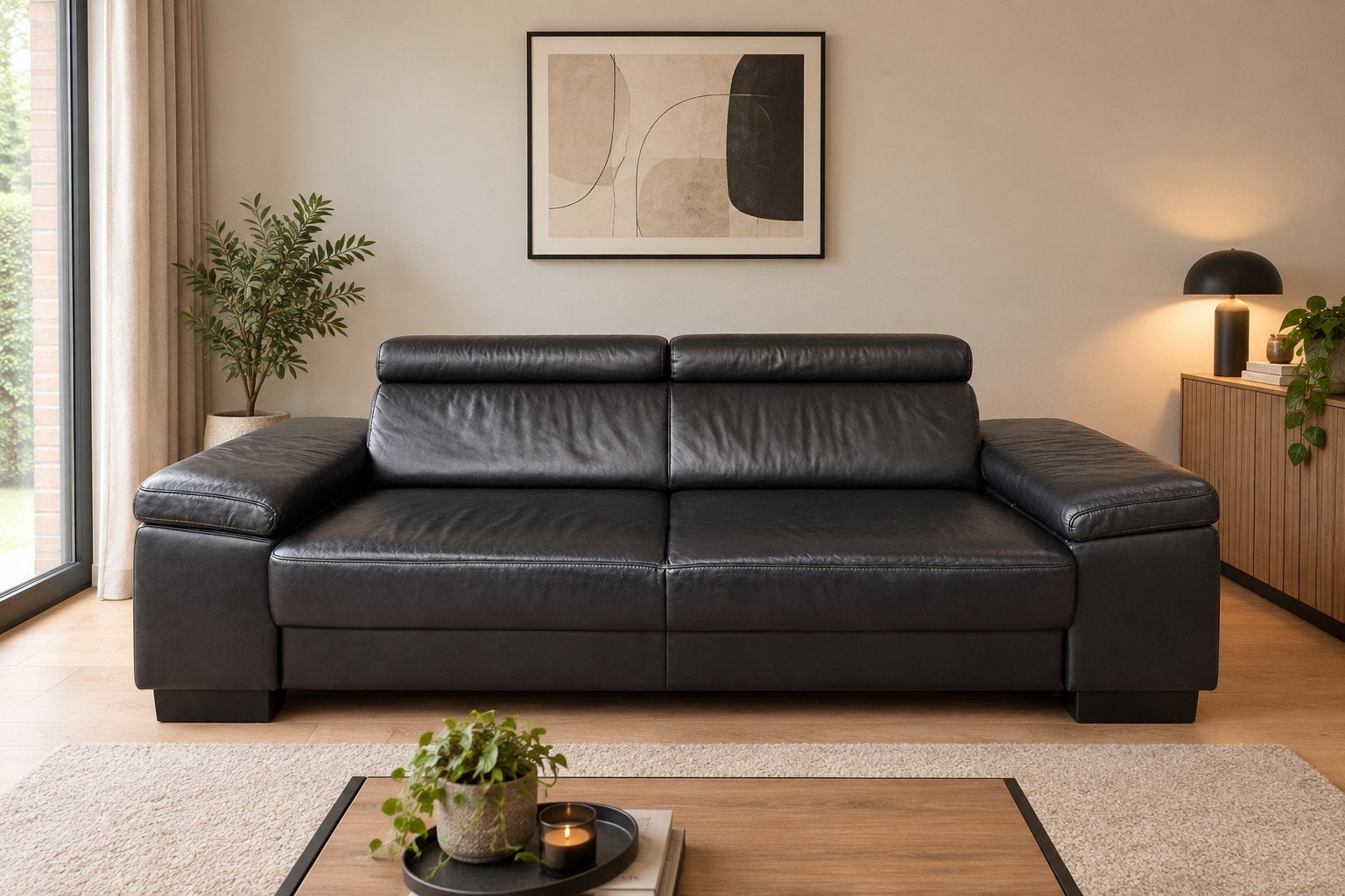 Zwarte lederen zetel, 200 à 250 cm, Banc droit, Enlèvement, Utilisé
