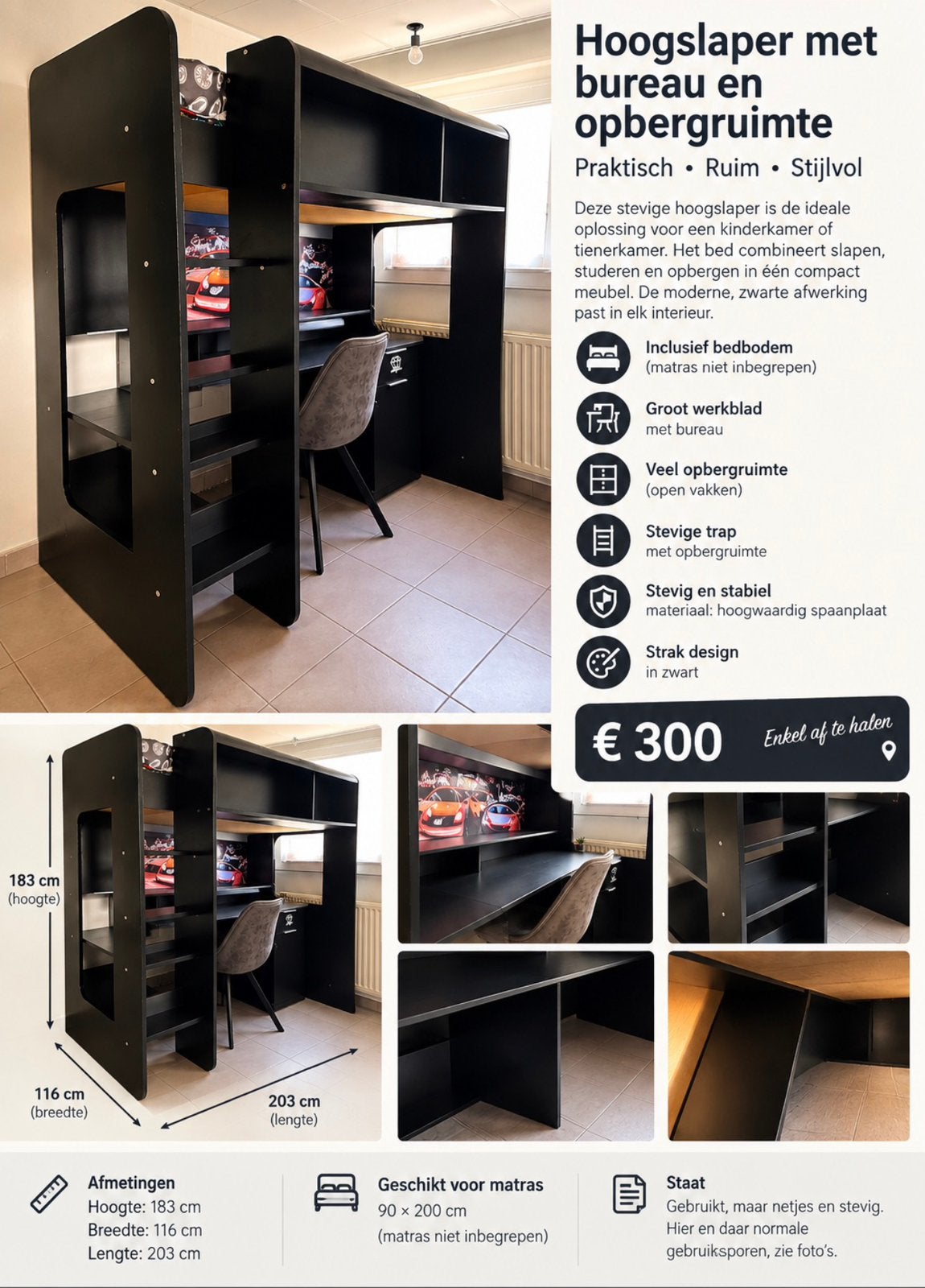 Hoogslaper zwart met bureau, opbergruimte en verlichting, Ophalen, Zo goed als nieuw, Hoogslaper