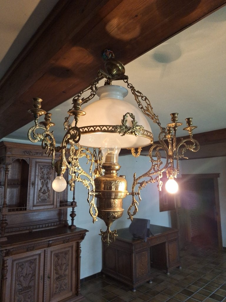 Lustre ancien/antique/cuivre/4 lampes/9 bougies, Antiquités & Art, Enlèvement