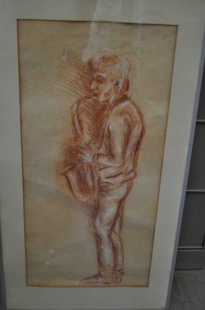 Esquisse d'un saxophoniste., Antiquités & Art, Art | Dessins & Photographie, Enlèvement, Dessin, Dessin à la craie, Sous verre