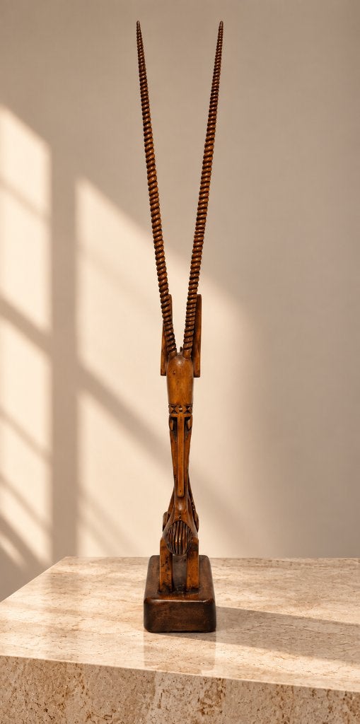 Tyi Wara antilopebeeld in gesneden hout (Afrikaanse kunst), Antiek en Kunst, Zoogdier, Hout, Bruin, Afrika
