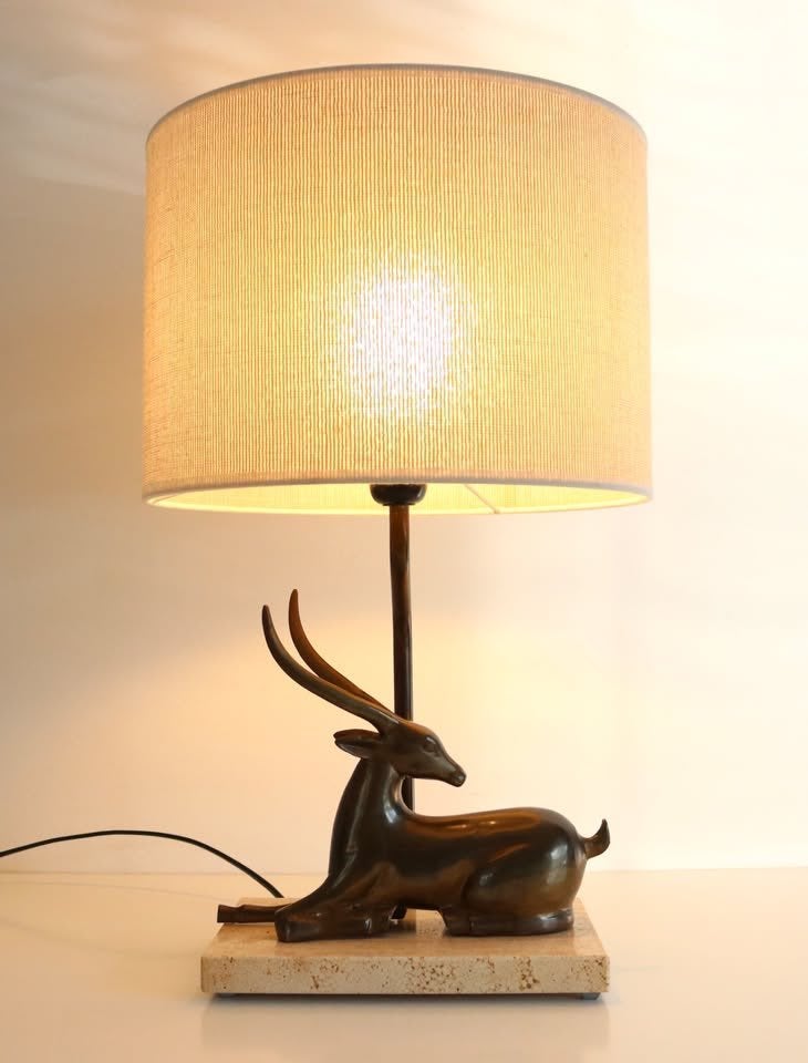 Vintage Tafellamp Antelope Brass Travertijn - Messing Lamp, Enlèvement, Autres matériaux