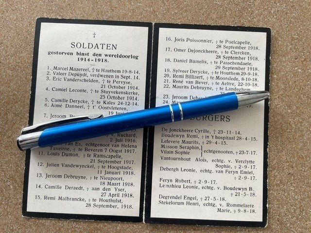 14-18 Soldaten en Burgers OOSTVLETEREN gestorven 1914-1918, Verzamelen, Bidprentjes en Rouwkaarten, Ophalen of Verzenden, Bidprentje