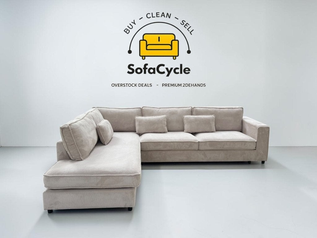 Hoekzetel beige ribstof, afneembare hoezen, links – nieuw, Gebruikt, Zonnestraat 223-229, 9600 Ronse, België, Info@sofacycle.be