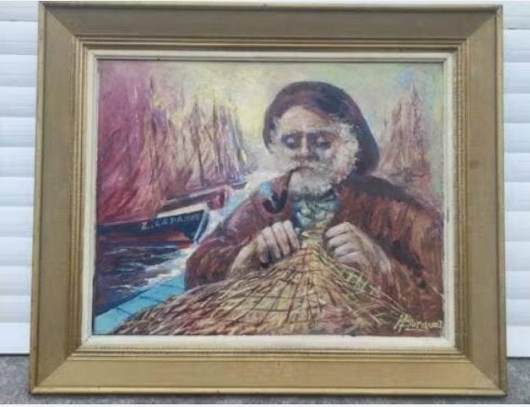 huile sur panneau pecheur signe hubert borguet, Antiquités & Art, Enlèvement ou Envoi, Panneau