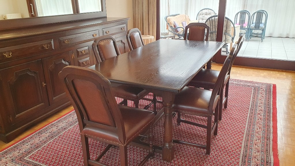 Eiken tafel met zes stoelen, Huis en Inrichting, Tafels | Eettafels, Eikenhout, Zo goed als nieuw, Vijf personen of meer, Rechthoekig