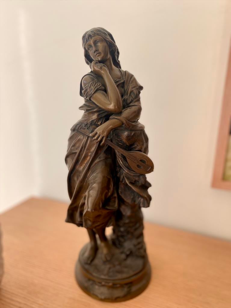 Mignon a la mandoline - bronzen beeld A. Gaudez, Antiek en Kunst, Ophalen of Verzenden, Beeld, Vrouw