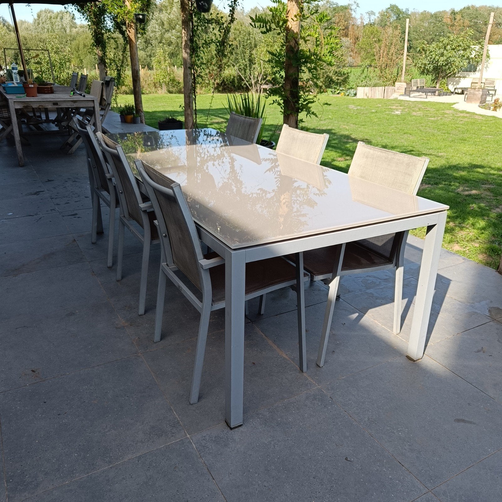 glazen tafel tuinmeubel, Jardin & Terrasse, Ensembles de jardin, Table à dinner, Salons de jardin, Aluminium, Enlèvement