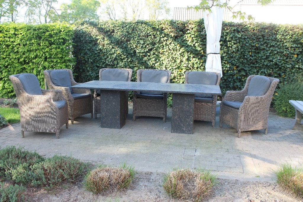 terrasmeubilair : tafels, 6  stoelen en kussens, Jardin & Terrasse, Tables de jardin, Enlèvement, Comme neuf, Rectangulaire, Autres matériaux