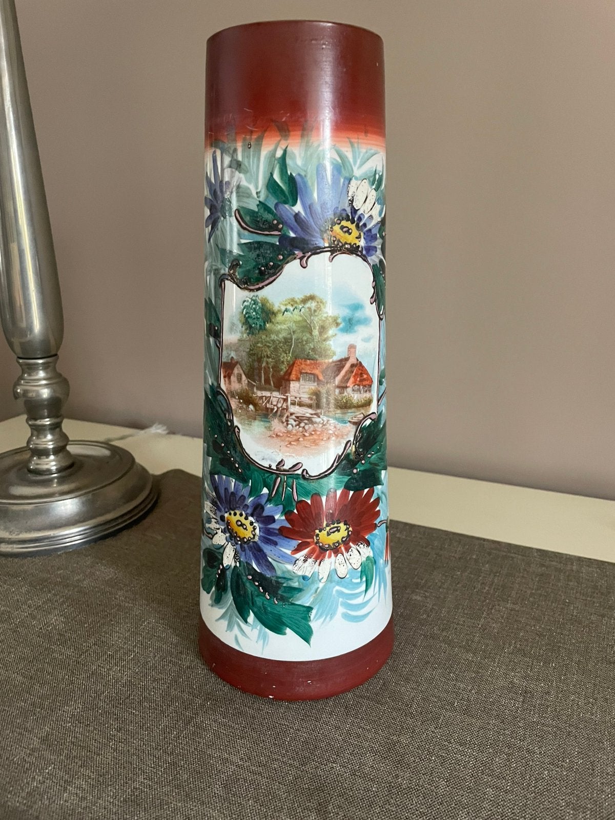 Vintage handbeschilderde vaas met landschap, 33 cm, Ophalen of Verzenden, Zo goed als nieuw