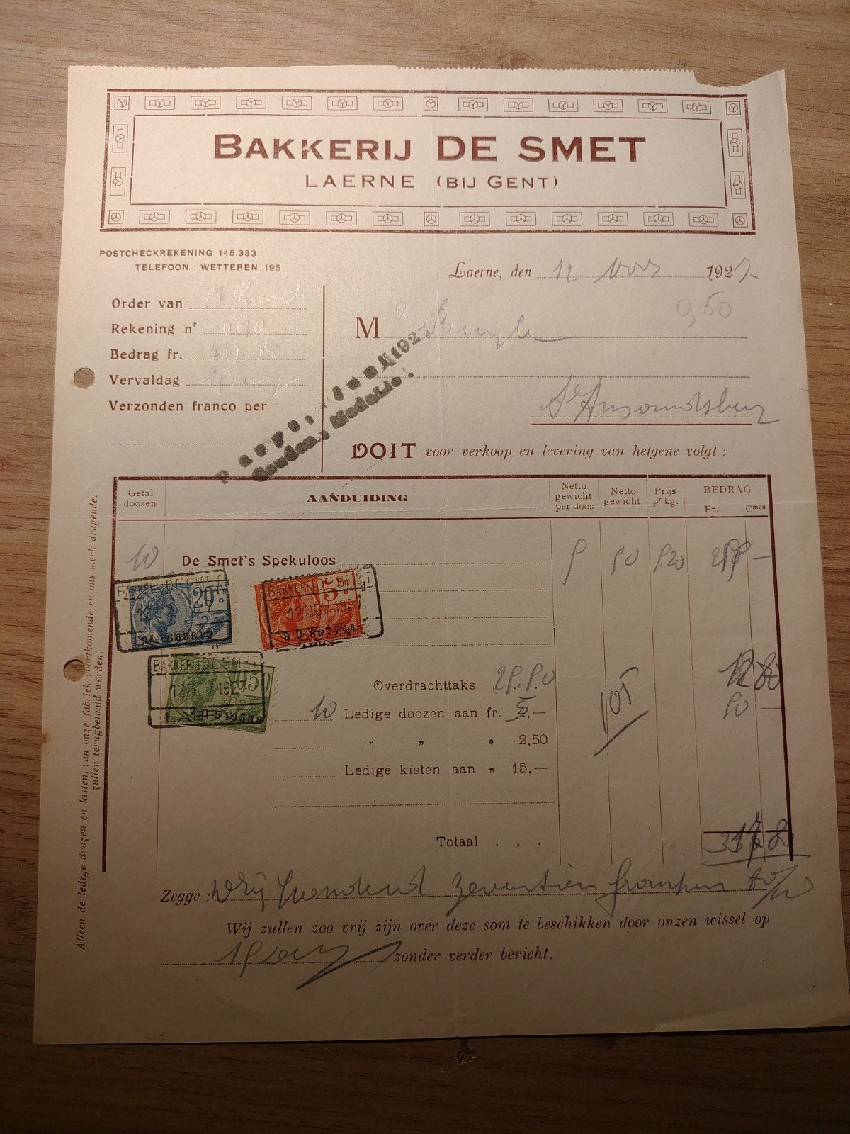 Bakkerij De Smet Laarne 1927 met zegels, Ophalen of Verzenden