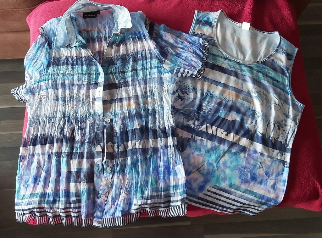 twinset in zachte kleuren, Witteveen, 42, Blauw, Maat 42/44 (L), Ophalen of Verzenden, Zo goed als nieuw
