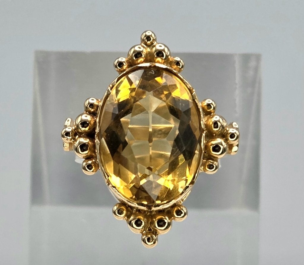 Gouden Vintage design ring edelsteen gele topaas. 2026/561, Comme neuf, Or, 17 à 18, Jaune