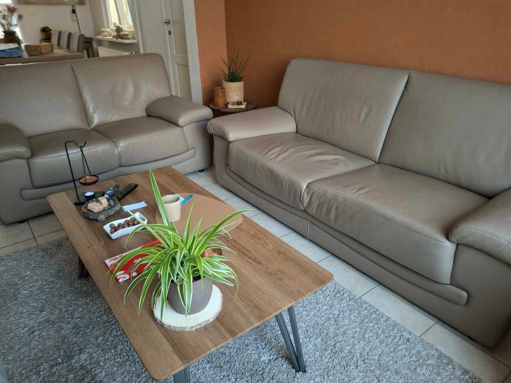 Bruine 2 en 3 zit, Huis en Inrichting, Ophalen, Overige maten, Leer, Zo goed als nieuw