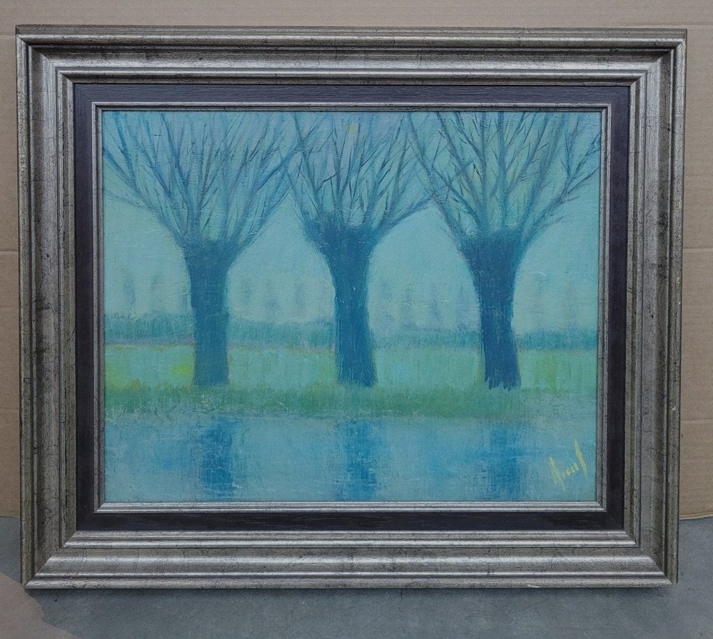 Robert ARENS, langs de waterkant, Antiek en Kunst, Paneel, Ophalen of Verzenden, Gesigneerd, Landschap