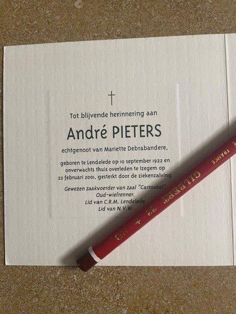 PROFWIELRENNER DHR André PIETERS  LENDELEDE, Ophalen of Verzenden, Bidprentje