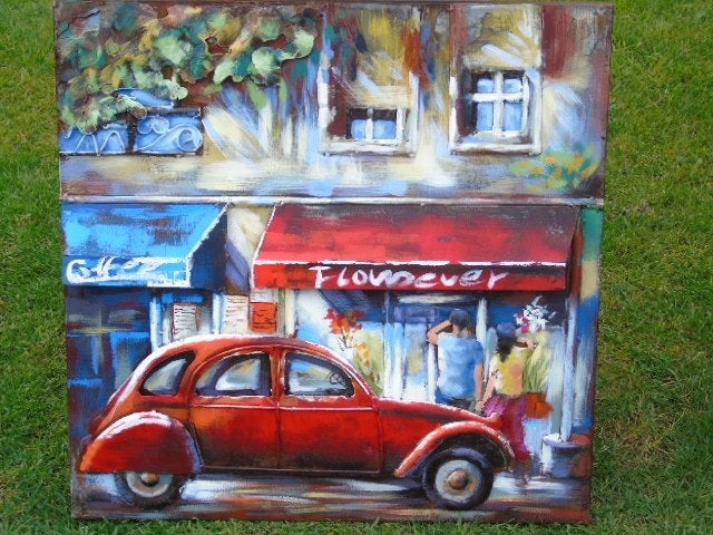 schilderij, metalen frame met reliëf, de 2 CV., Tuin en Terras, Tuinwanddecoratie, Nieuw, Ophalen of Verzenden