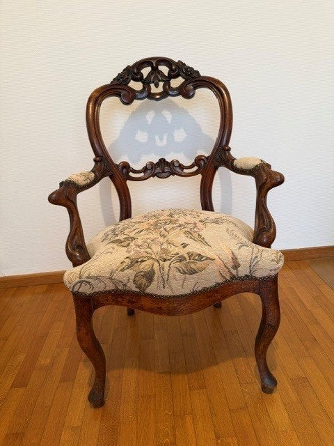 Vintage gebloemde barok fauteuil/zetel/stoel, Ophalen, Hout, Bruin, Zie foto's