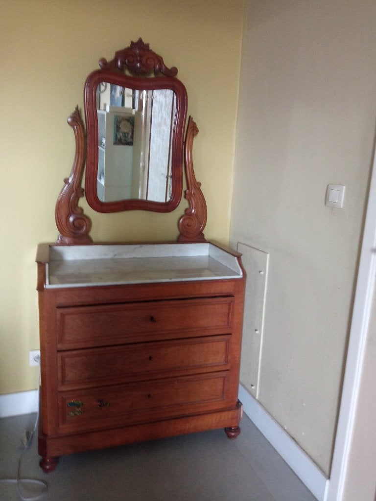 Retro ladekastje met spiegel in hout, Huis en Inrichting, Kasten | Ladekasten, Ophalen, Gebruikt, 3 of 4 laden, Retro
