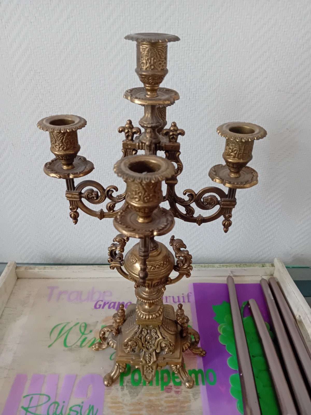 Chandelier 5 branches laiton doré 42 cm de hauteur, Enlèvement