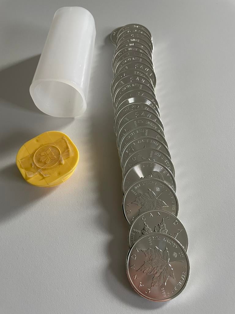 Tube van 25 zilveren munten 1oz Maple Leaf, Ophalen of Verzenden, Zilver