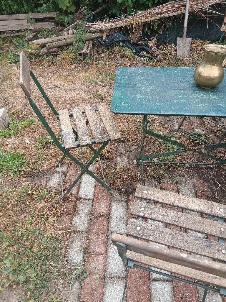 Table de bistrot et chaises anciennes, Enlèvement, Utilisé, Autres matériaux, Pliant