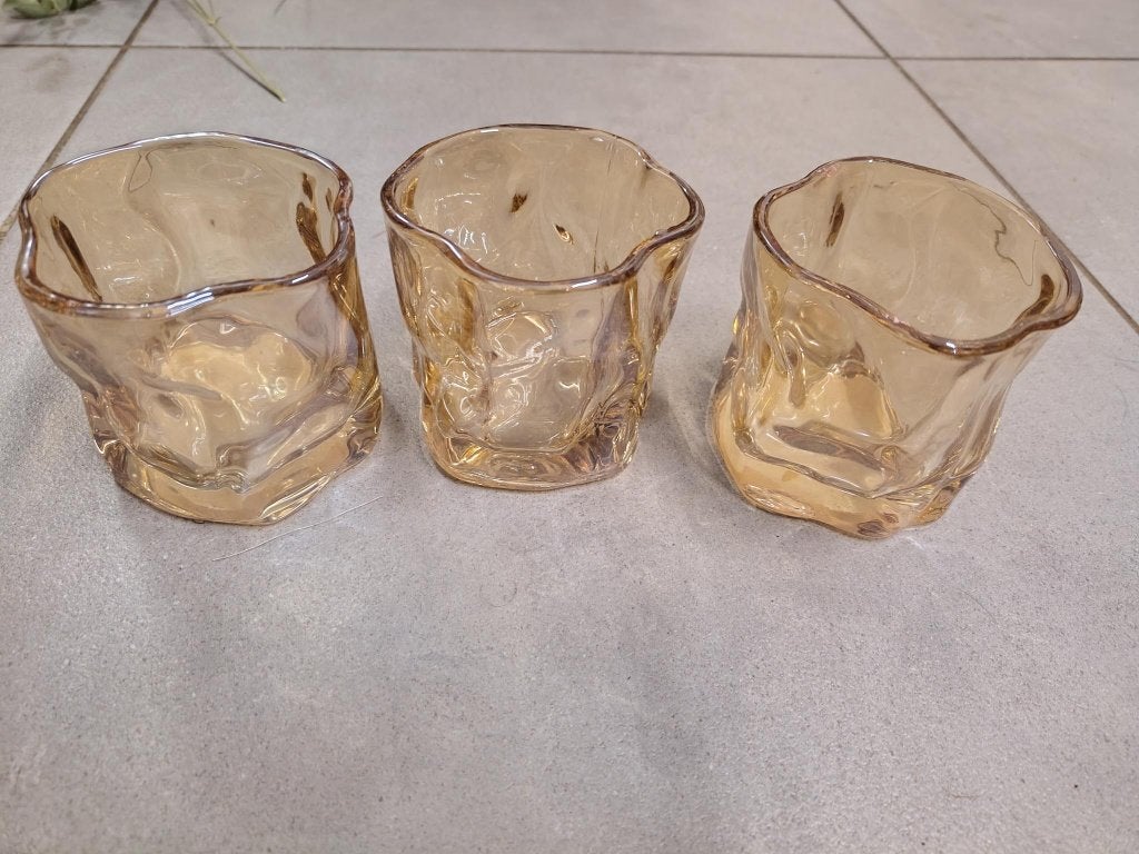Lot de 3 bougeoirs rose/orangés en verre froissé, Huis en Inrichting, Ophalen, Windlicht, Gebruikt, Glas