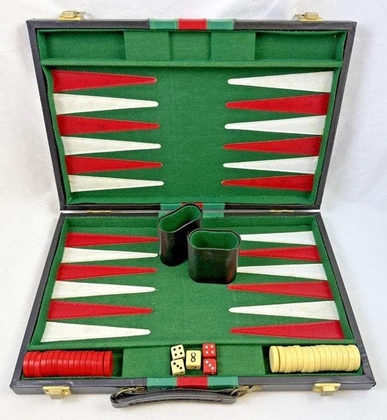 Backgammon, jeu de voyage, valise, jeu de société, rouge, ve, Jeu de voyage, Onbekend, 1 ou 2 joueurs, Comme neuf