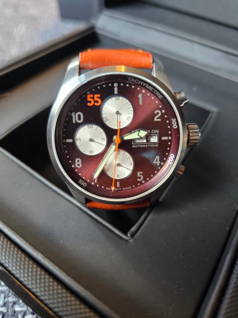 Automatische chronograaf Raidillon, in excellente staat, Handtassen en Accessoires, Horloges | Heren, Overige merken, Leer, Staal