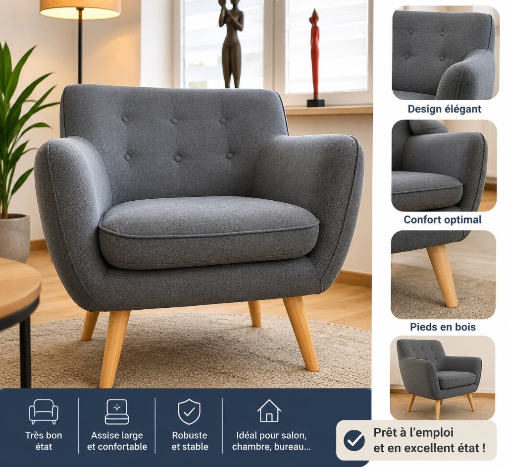 Scandinavische grijze designfauteuil - Zeer goede staat, Huis en Inrichting, Fauteuils, Zo goed als nieuw, Hout, 50 tot 75 cm