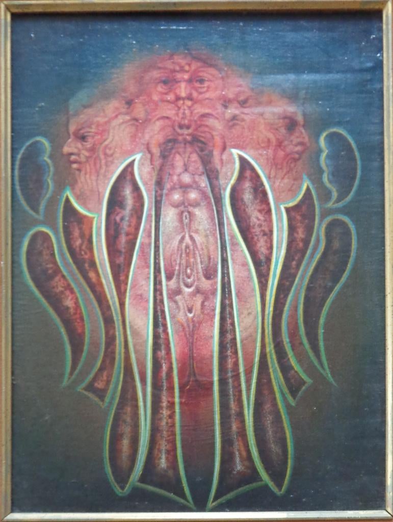 ROGER VAN BELLEGHEM / SYMBOLIEK / OLIEVERF / 58x48cm / KADER, Enlèvement ou Envoi, Signé, Peinture à l'huile