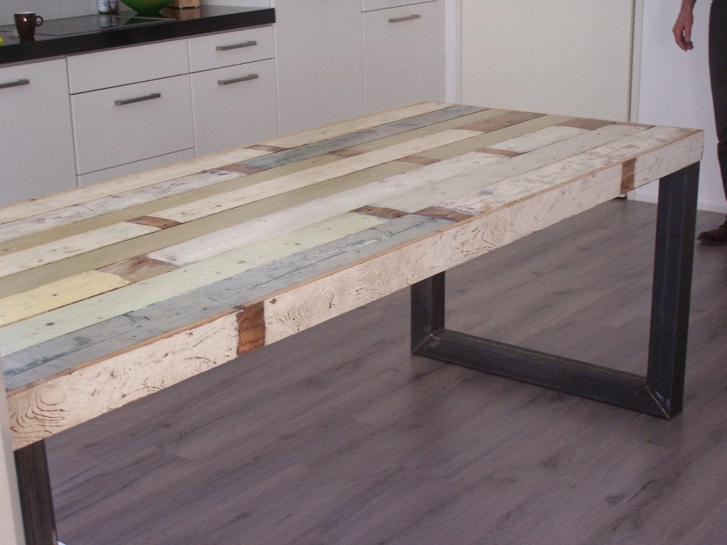 Tafel van sloophout met houten of stalen poten op maat., Enlèvement
